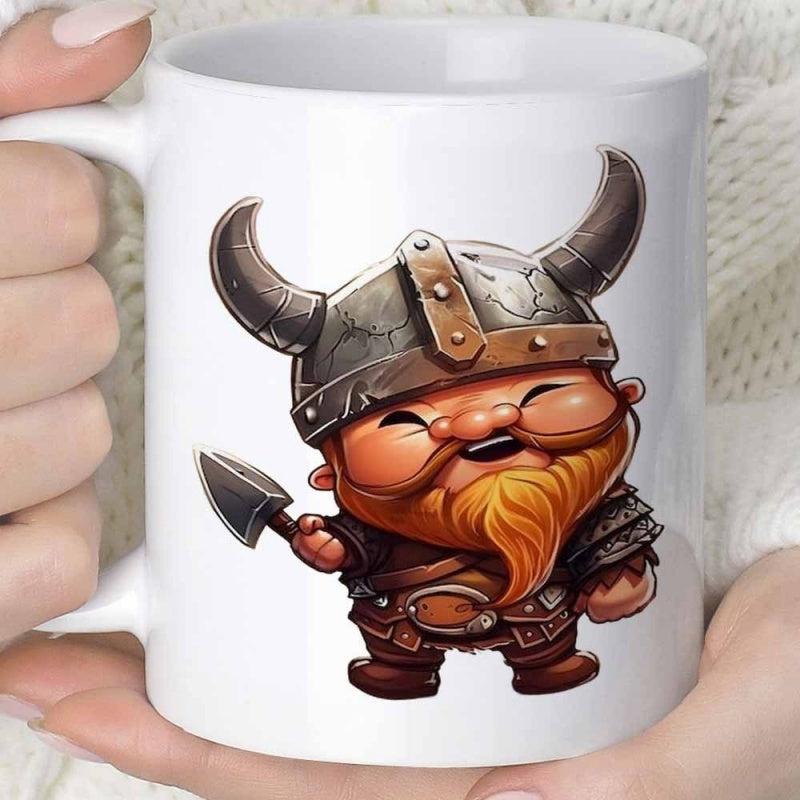 Tailorly White Ceramic 11 oz Mug - Brave Little Cartoon Warrior With Horned Helmet And Golden Beard Holding Axe Viking