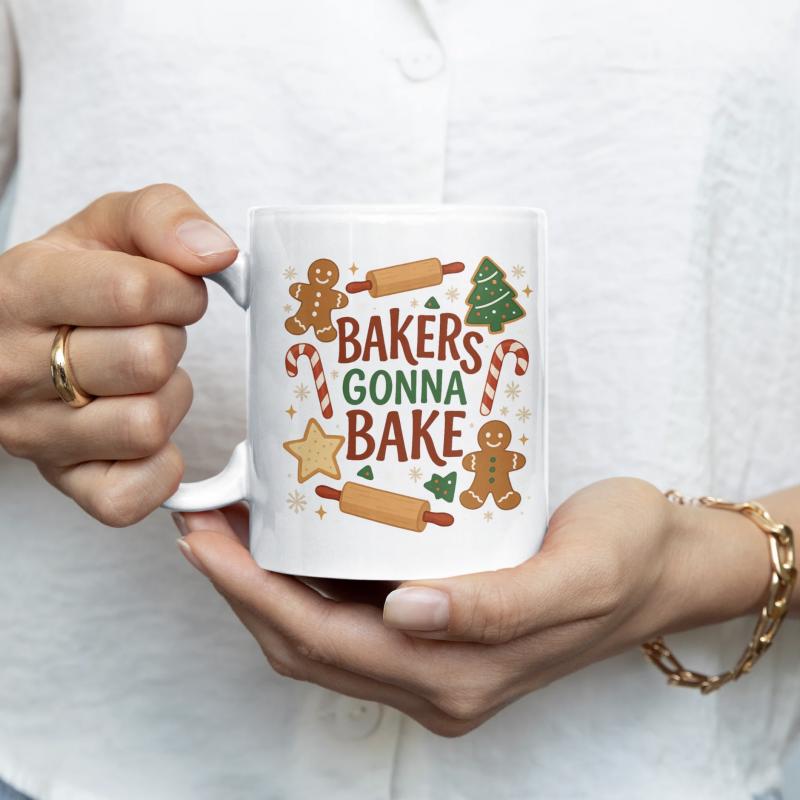 Tailorly White Ceramic 11 oz Mug - Bakers Gonna Bake Festive Holiday Baking Elements Featuring Gingerbread Men Candy Canes And Rolling Pins Design