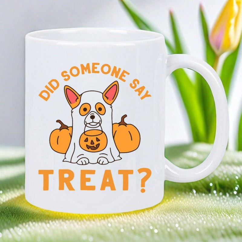 Tailorly White Ceramic 11 oz Mug - Did Someone Say Treat Adorable Halloween Ghost Costume Among Bright Orange Harvest Pumpkins Corgi
