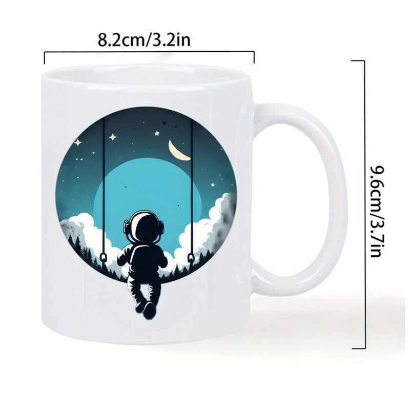 Tailorly White Ceramic 11 oz Mug - Peaceful Voyager Sitting On Swing Under A Glowing Moonlit Sky Astronaut