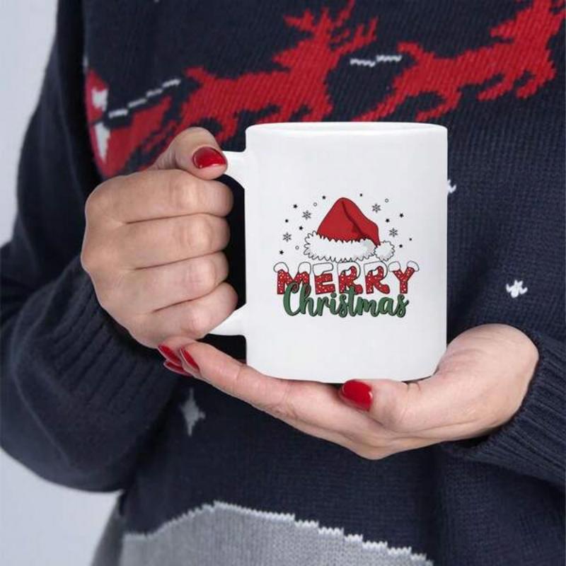 Tailorly White Ceramic 11 oz Mug - Merry Christmas Festive Red Decorative Illustration Surrounded By Delicate White Snowflakes Hat