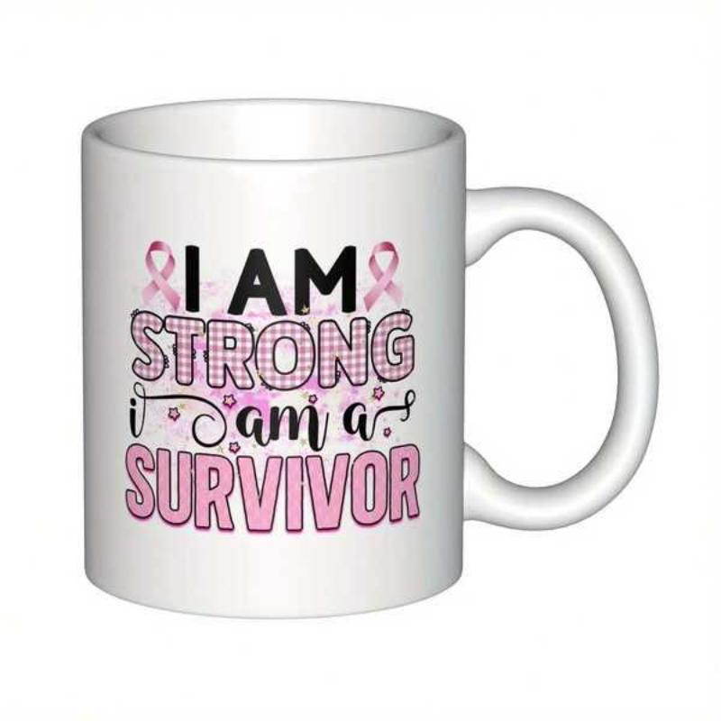 Tailorly White Ceramic 11 oz Mug - I Am Strong I Am A Survivor Elegant Pink Ribbons With Pink Plaid Pattern Text Awareness Ribbon