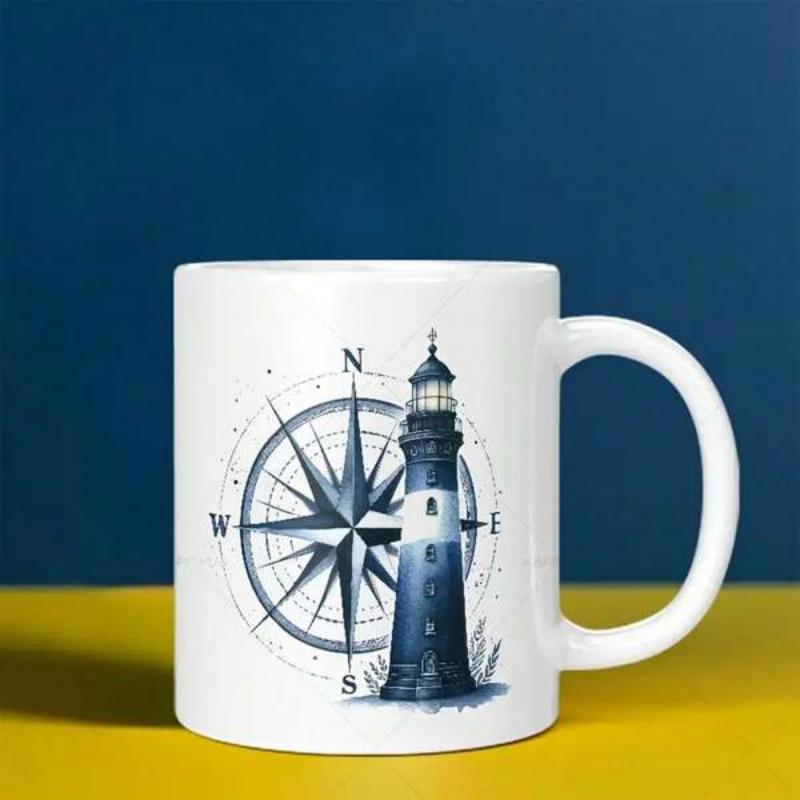 Tailorly White Ceramic 11 oz Mug - N E S W Vintage Nautical Style Featuring A Detailed Maritime Compass Rose Theme Lighthouse