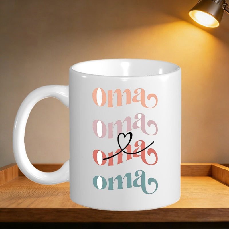 Tailorly White Ceramic 11 oz Mug - Oma Minimalist Colorful Retro Stacked Letters Featuring Artistic Hand Drawn Cursive Heart