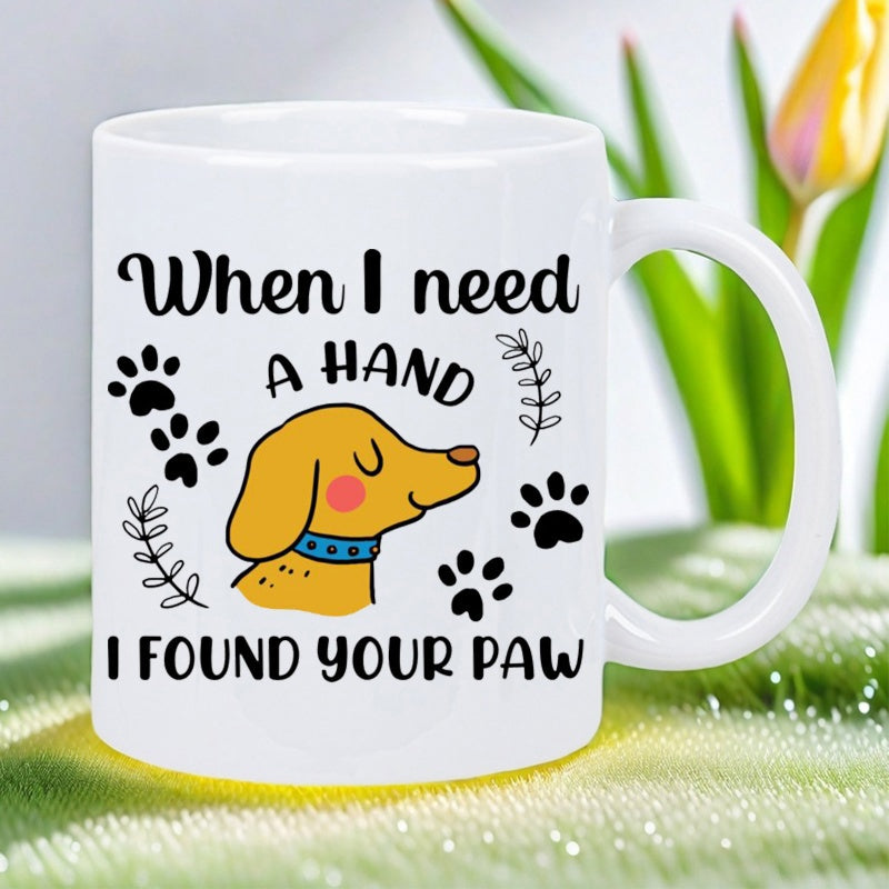 Tailorly White Ceramic 11 oz Mug - When I Need A Hand I Found Your Paw Adorable Yellow Canine With Paw Prints And Delicate Leafy Branches Dog