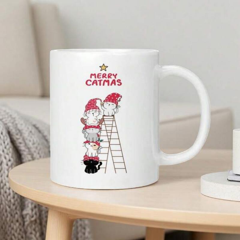 Tailorly White Ceramic 11 oz Mug - Merry Catmas Adorable Kittens Wearing Red Santa Hats On A Small Wooden Ladder Cat