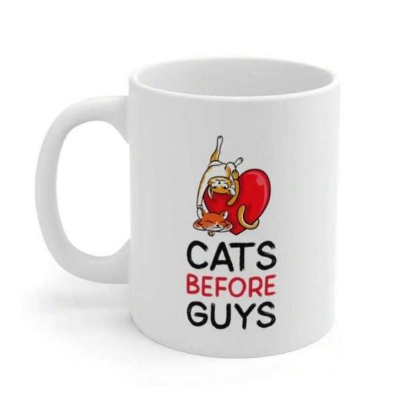 Tailorly White Ceramic 11 oz Mug - Cats Before Guys Playful Kittens Cuddling Around A Vibrant Red Heart Cats
