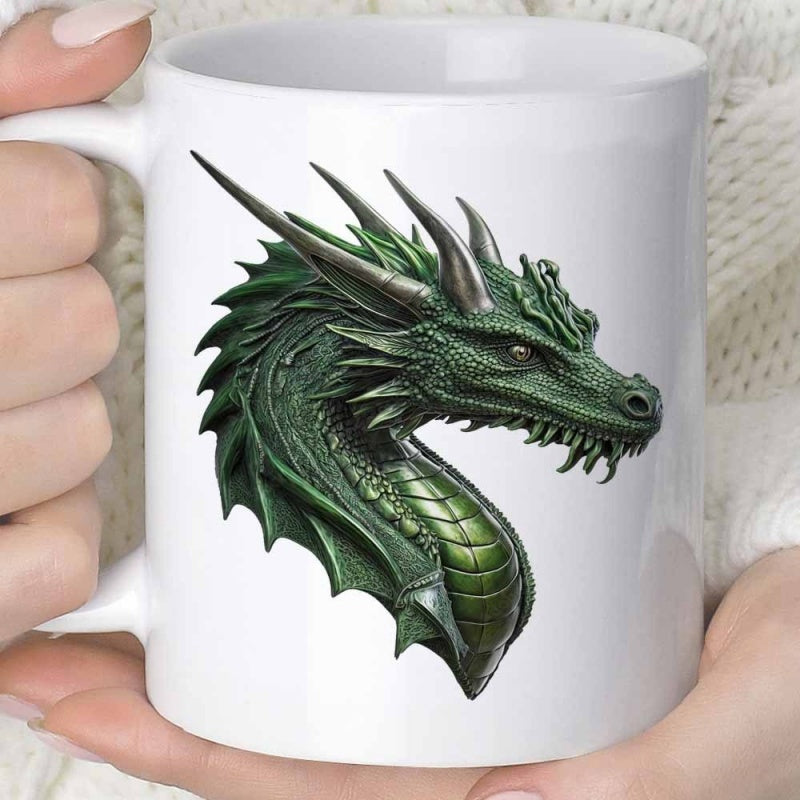 Tailorly White Ceramic 11 oz Mug - Majestic Green Dragon Head Profile With Intricate Scales And Sharp Horns Dragon
