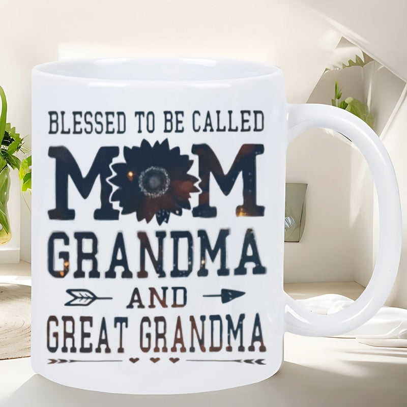 Tailorly White Ceramic 11 oz Mug - Blessed To Be Called Mom Grandma And Great Grandma Dark Rustic Sunflower Pattern With Decorative Tribal Arrows And Small Hearts