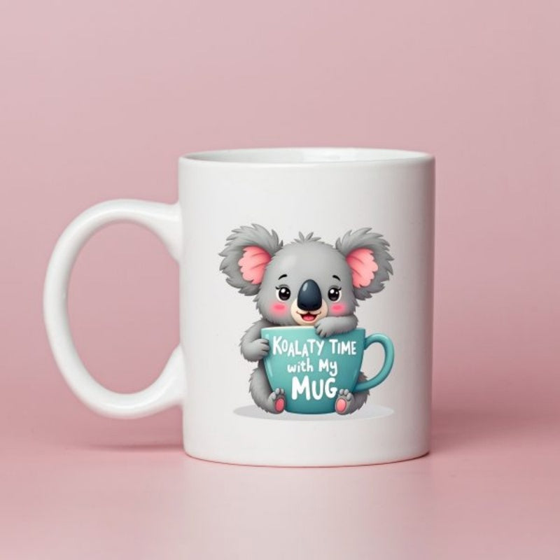 Tailorly White Ceramic 11 oz Mug - Koalaty Time With My Mug Adorable Grey Cartoon Character Holding A Bright Teal Coffee Cup Koala