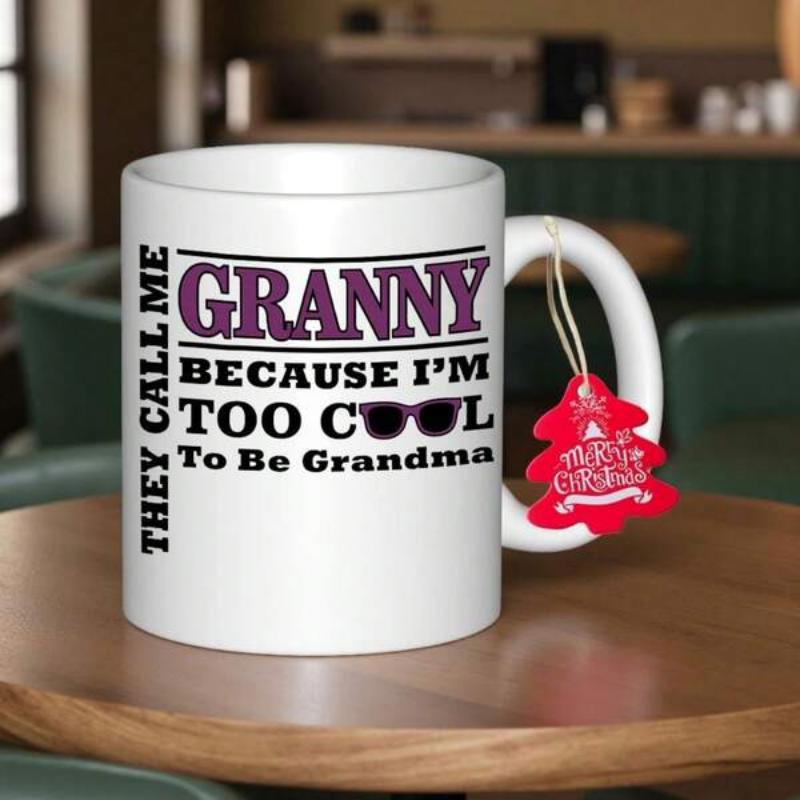 Tailorly White Ceramic 11 oz Mug - They Call Me Granny Because I'm Too Cool To Be Grandma Bold Purple Letters And Fashionable Dark Sunglasses On Clean Surface Mug