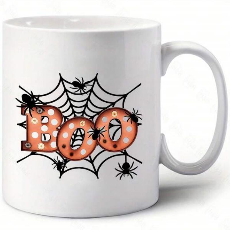 Tailorly White Ceramic 11 oz Mug - Boo Spooky Halloween Theme Featuring Decorative Polka Dot Letters Within Intricate Web Spider