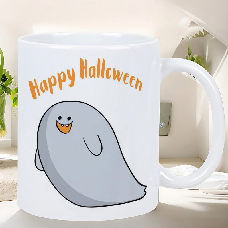 Tailorly White Ceramic 11 oz Mug - Happy Halloween Simple Grey Cartoon Character Floating With Friendly Smiling Expression Ghost