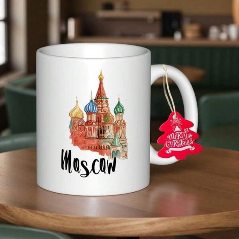 Tailorly White Ceramic 11 oz Mug - Moscow Watercolor Artistic Architecture Of Red Square With Colorful Domes Cathedral