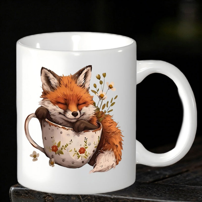Tailorly White Ceramic 11 oz Mug - Adorable Sleeping Red Fox Resting Inside A Vintage Floral Patterned Teacup Fox