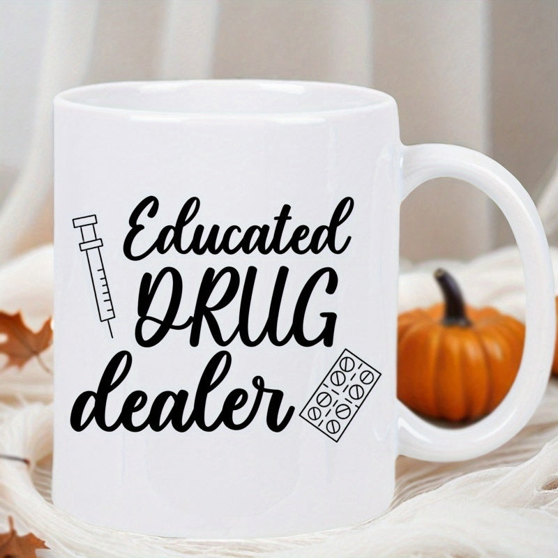 Tailorly White Ceramic 11 oz Mug - Educated Drug Dealer Minimalist Medical Icons With Syringe And Blister Pack Of Tablets Mug
