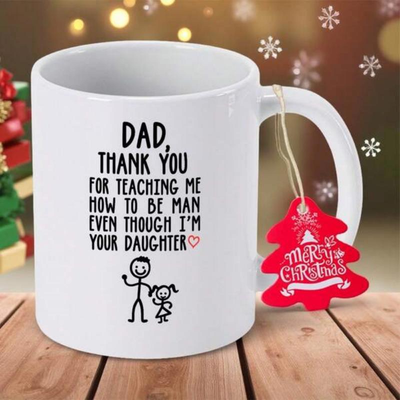 Tailorly White Ceramic 11 oz Mug - Dad Thank You For Teaching Me How To Be Man Even Though Im Your Daughter Minimalist Black Line Hand Drawn Stick Figures Of