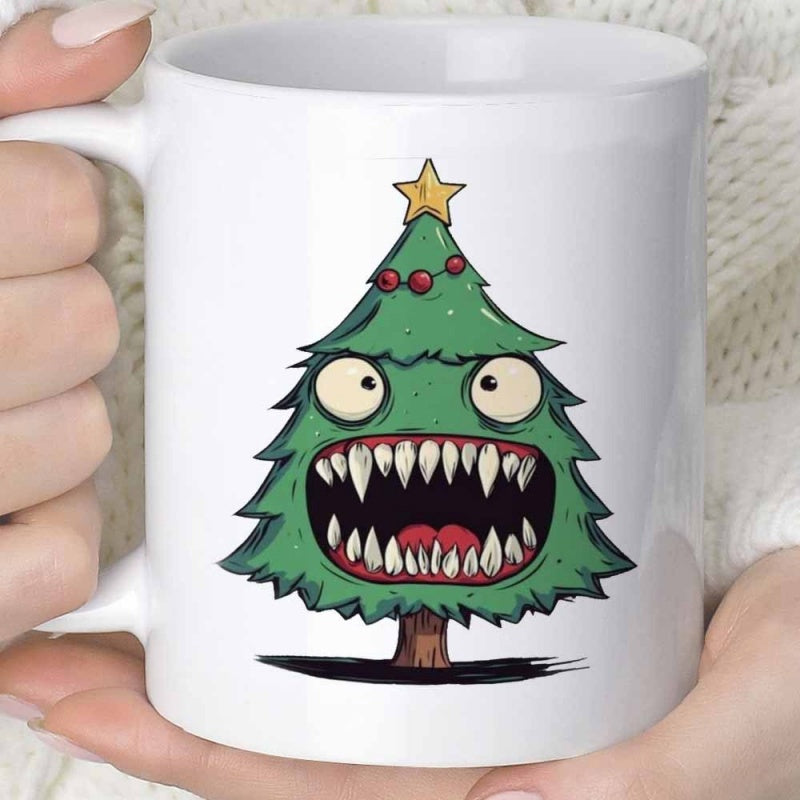Tailorly White Ceramic 11 oz Mug - Spooky Monster Mouth With Sharp Teeth And Large Round Eyes Tree