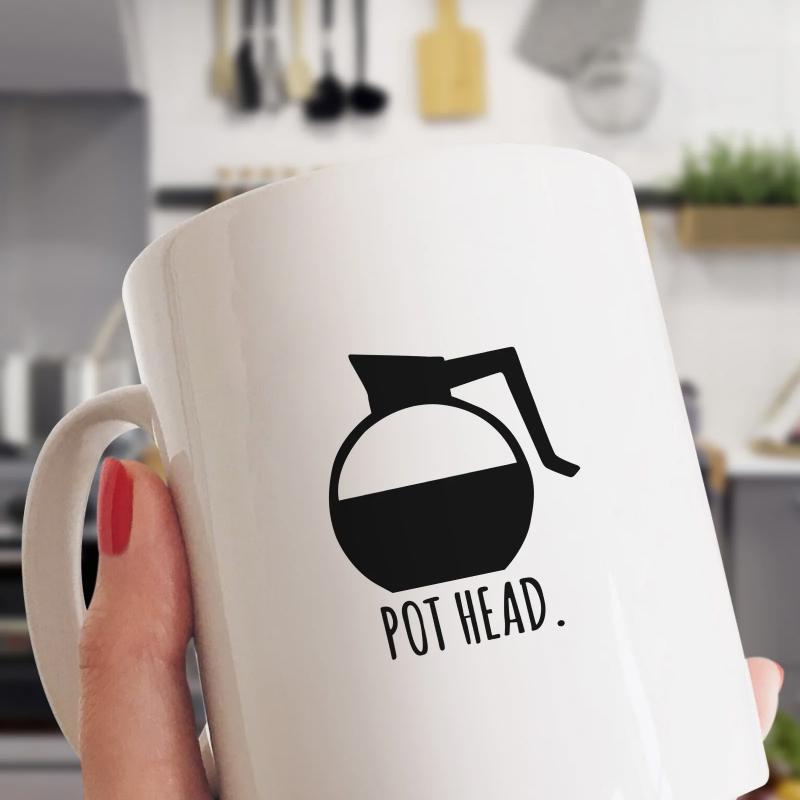 Tailorly White Ceramic 11 oz Mug - Pot Head Minimalist Black Coffee Carafe Design Filled With Dark Roasted Liquid Mug