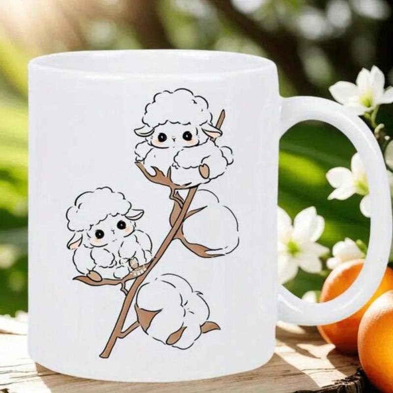 Tailorly White Ceramic 11 oz Mug - Two Cute Fluffy Lambs Sitting On Natural Soft Cotton Plant Branches Sheep