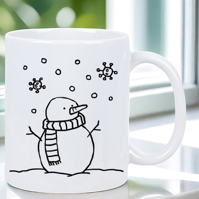 Tailorly White Ceramic 11 oz Mug - Hand Drawn Line Art Standing Under Falling Winter Snow And Viruses Snowman