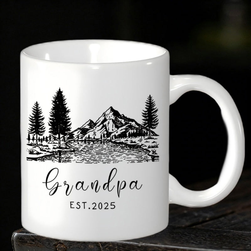 Tailorly White Ceramic 11 oz Mug - Grandpa Est 2025 Majestic Mountain Peak Surrounded By Pine Trees Near Calm Lake Mountain