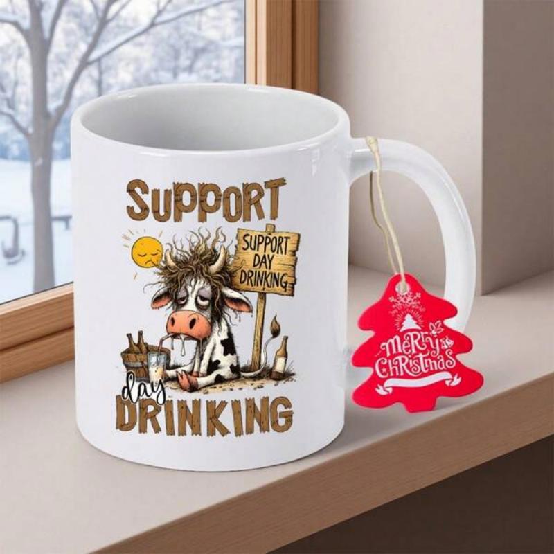 Tailorly White Ceramic 11 oz Mug - Support Drinking Support Day Drinking Messy Haired Tired Sitting Beside Bottles Of Alcohol Cow
