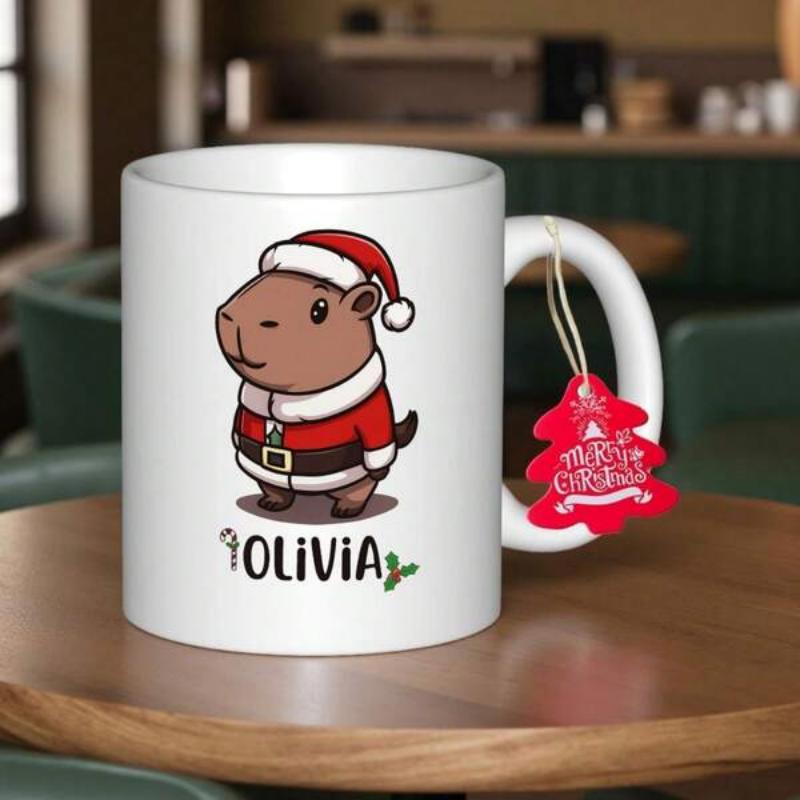 Tailorly White Ceramic 11 oz Mug - Olivia Adorable Capybara Wearing A Festive Red Santa Suit On White Surface Capybara