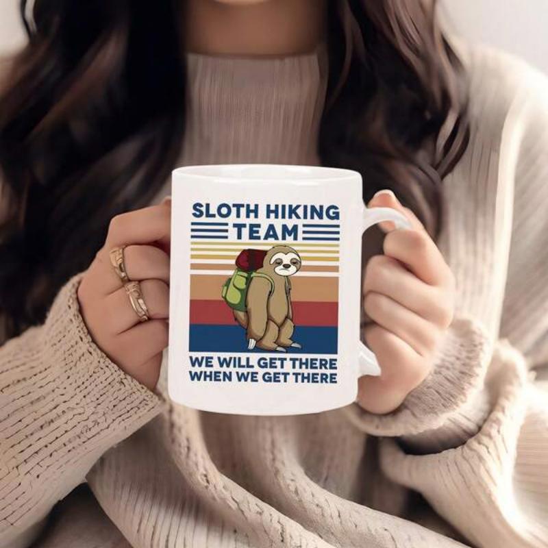 Tailorly White Ceramic 11 oz Mug - Sloth Hiking Team We Will Get There When We Get There Vintage Retro Sun Stripes Featuring A Slow Hiking Backpacking Sloth