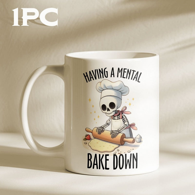 Tailorly White Ceramic 11 oz Mug - Having A Mental Bake Down Cartoon Chef Wearing Toque Rolling Dough On Countertop Surface Skeleton