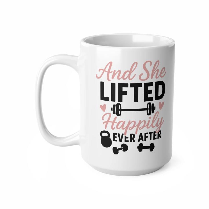Tailorly White Ceramic 11 oz Mug - And She Lifted Happily Ever After Gym Equipment With Pink Hearts And Heavy Iron Dumbbell