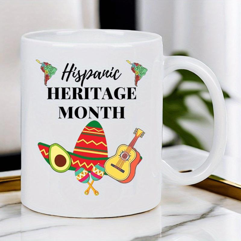 Tailorly White Ceramic 11 oz Mug - Hispanic Heritage Month Vibrant Festive Symbols Including Avocado Guitar And Sombrero Over