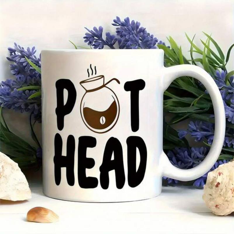 Tailorly White Ceramic 11 oz Mug - Pot Head Minimalist Steaming Coffee Pot Filled With Dark Roasted Liquid Carafe