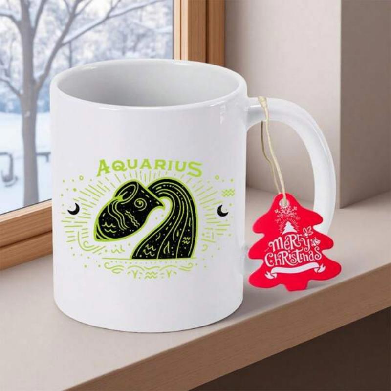 Tailorly White Ceramic 11 oz Mug - Aquarius Stylized Water Pitcher Symbol Surrounded By Moonlight And Glowing Stars Aquarius