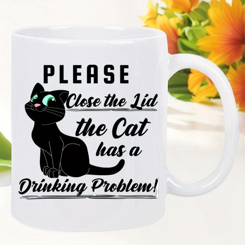 Tailorly White Ceramic 11 oz Mug - Please Close The Lid The Cat Has A Drinking Problem Adorable Black Cartoon Kitten Sitting With Large Bright Eyes And Tail Cat