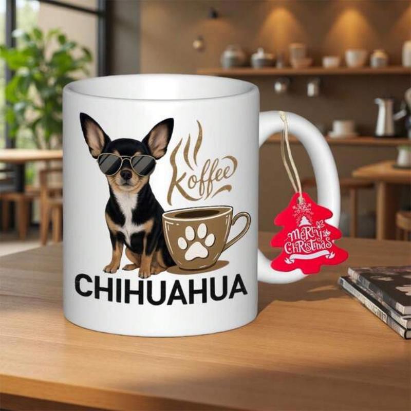 Tailorly White Ceramic 11 oz Mug - Koffee Chihuahua Cool Dog Wearing Sunglasses Sitting Beside A Steaming Hot Coffee Cup Chihuahua