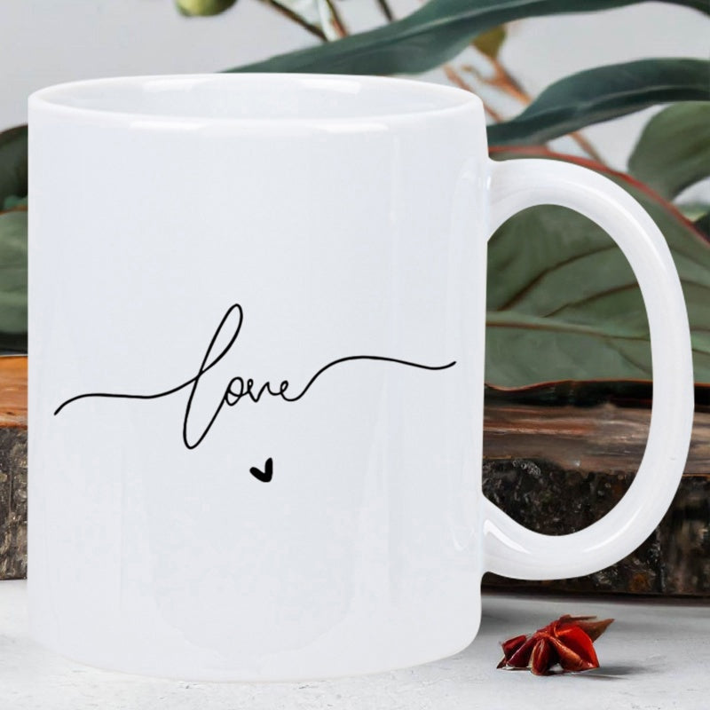 Tailorly White Ceramic 11 oz Mug - Love Minimalist Cursive Line Art Style Featuring A Delicate Small Heart Mug