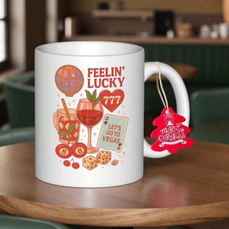 Tailorly White Ceramic 11 oz Mug - Feelin Lucky Lets Go To Vegas Retro Casino Themed Graphics Featuring Dice And Glistening Drinks Mug