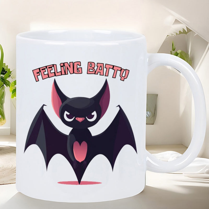 Tailorly White Ceramic 11 oz Mug - Feeling Batty Cute Cartoon Bat With Spread Wings And Pink Heart Detail Grumpy Bat
