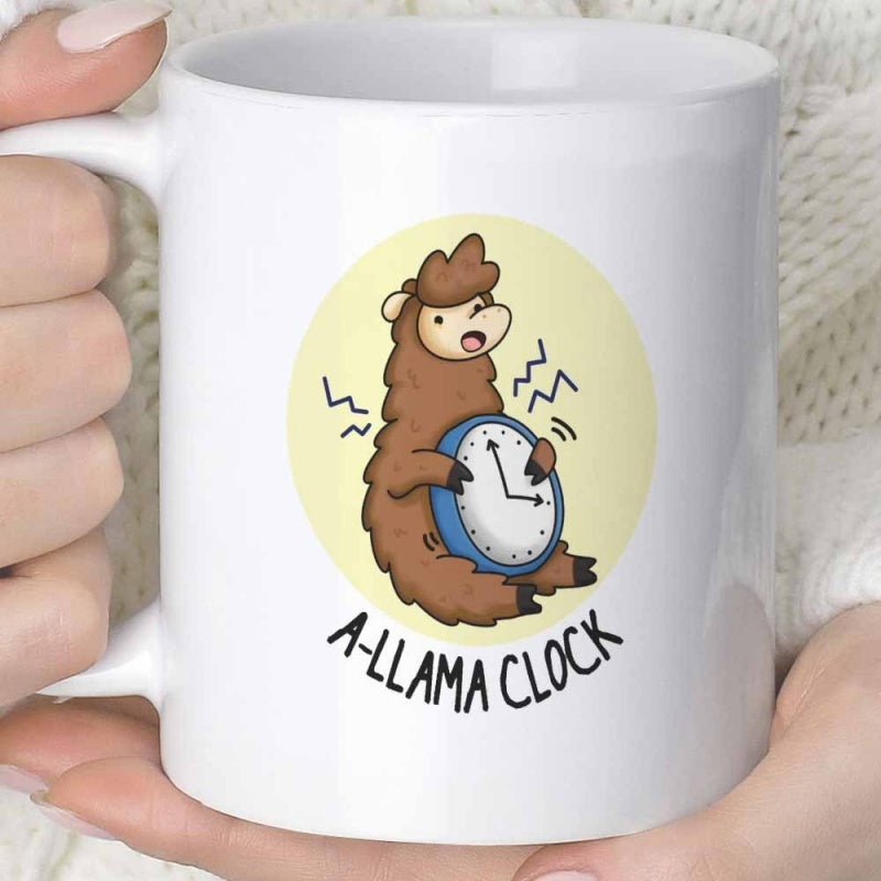 Tailorly White Ceramic 11 oz Mug - A Llama Clock Cute Brown Alpaca Holding Ringing Alarm Clock Inside Yellow Circle Llama