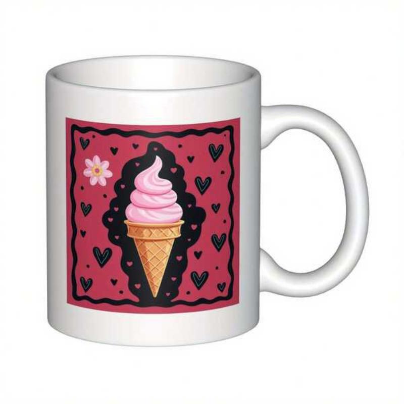 Tailorly White Ceramic 11 oz Mug - Sweet Pink Soft Serve Swirl In Crispy Waffle Cone With Hearts Ice Cream