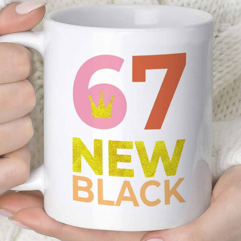 Tailorly White Ceramic 11 oz Mug - 67 New Black Bold Colorful Numbers And Minimalist Text Design On Ceramic Surface Mug