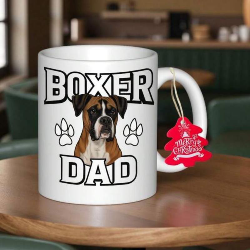 Tailorly White Ceramic 11 oz Mug - Boxer Dad Loyal Purebred Dog Portrait With Paw Prints Among Minimalist Background Boxer