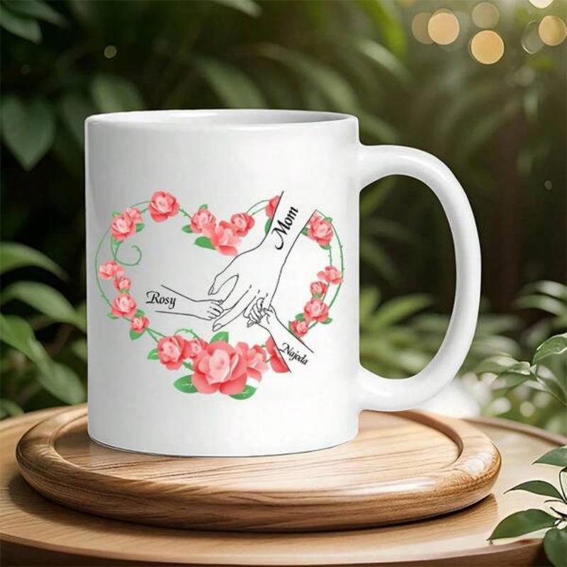 Tailorly White Ceramic 11 oz Mug - Mom Harry Angela Graceful Hands Holding Children Within A Blooming Pink Rose Floral Arrangement Heart