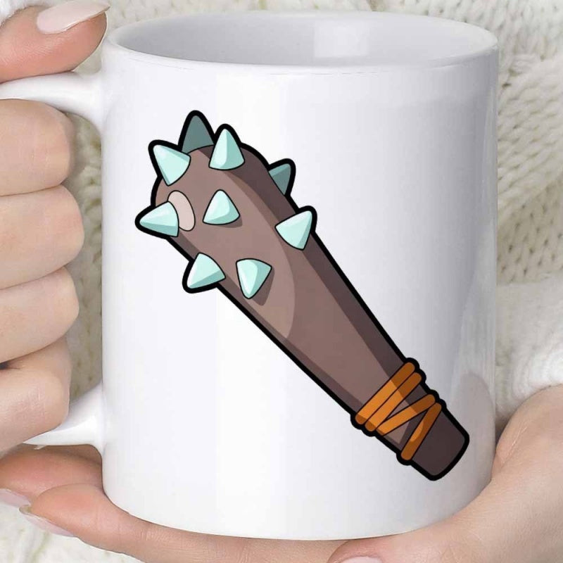 Tailorly White Ceramic 11 oz Mug - Stylized Spiked Wooden Weapon Featuring Light Blue Sharp Conical Points Club