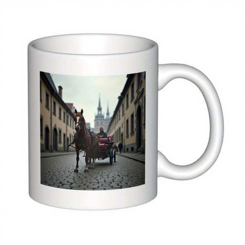 Tailorly White Ceramic 11 oz Mug - Vintage European Street With Cobblestone Road And Historic Architecture Horse Carriage