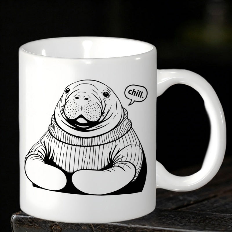 Tailorly White Ceramic 11 oz Mug - Chill Cute Sea Creature Wearing Striped Turtleneck Sweater Looking Relaxed Manatee