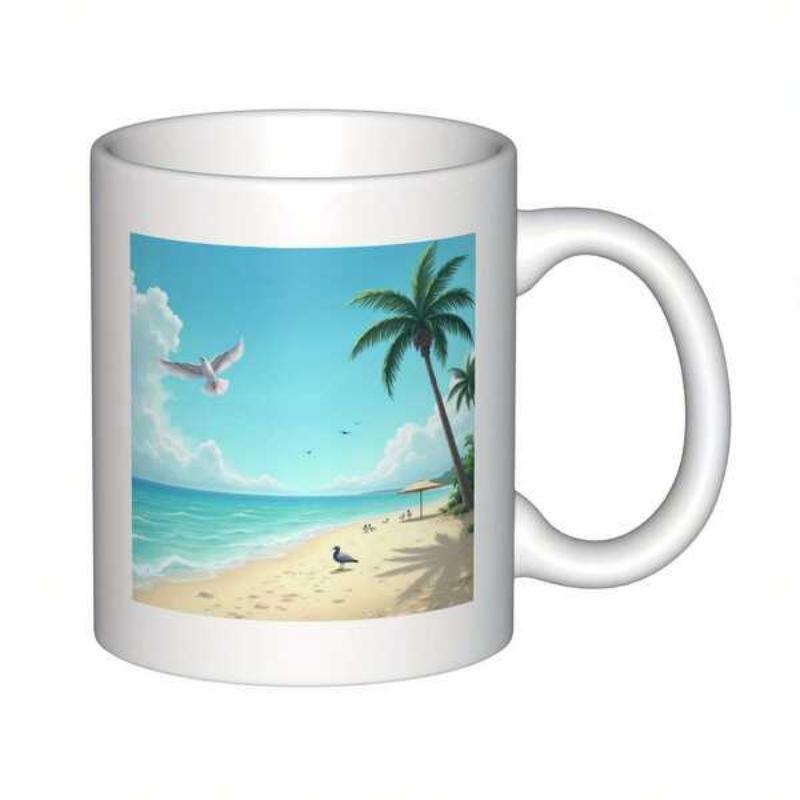 Tailorly White Ceramic 11 oz Mug - Peaceful Tropical Landscape With Palm Trees And Seagulls Over Sandy Beach