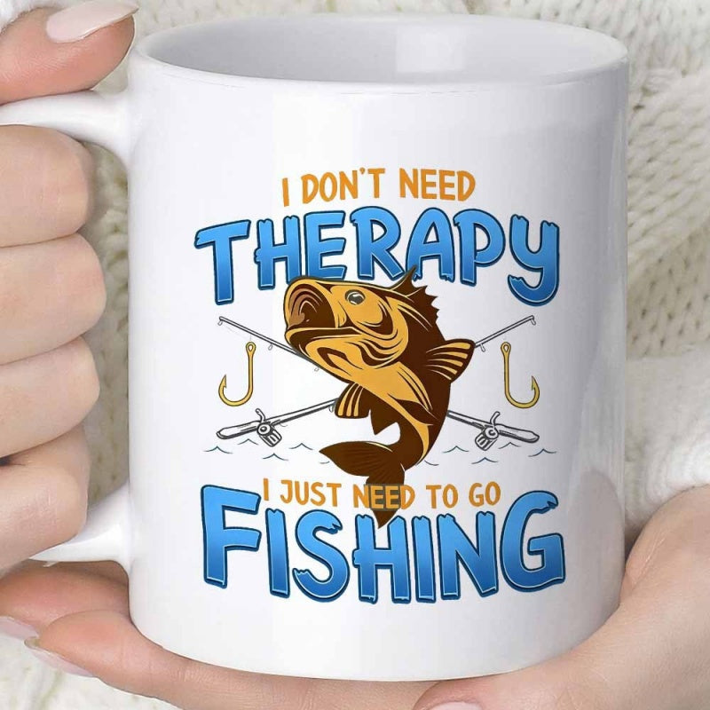 Tailorly White Ceramic 11 oz Mug - I Don't Need Therapy I Just Need To Go Fishing Majestic Jumping Bass Fish With Crossed Fishing Rods Over Rippling Water Fish