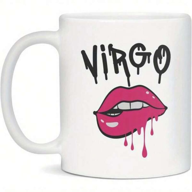 Tailorly White Ceramic 11 oz Mug - Virgo Vibrant Pink Biting Lips With Dripping Paint Effect Under Artistic Lettering Lips